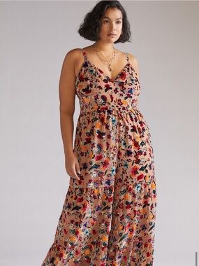 Hutch Velvet Floral Wide-Leg Jumpsuit Boho Embroidered Anthropologie Size 0